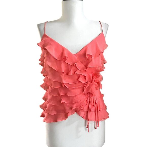 Vintage CACHE 100% Silk Ruffled Top Sz 8 Coral Pink Y2K Feminine Fairy Coquette - Picture 4 of 12